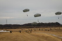 U.S. Army Paratroopers assigned to the 82nd Airborne Division jump into Camp Narashino, Japan, as part of the joint multilateral New Year Jump in Indo-Pacific 25 on Jan. 12, 2025.