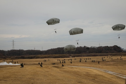 U.S. Army Paratroopers assigned to the 82nd Airborne Division jump into Camp Narashino, Japan, as part of the joint multilateral New Year Jump in Indo-Pacific 25 on Jan. 12, 2025.
