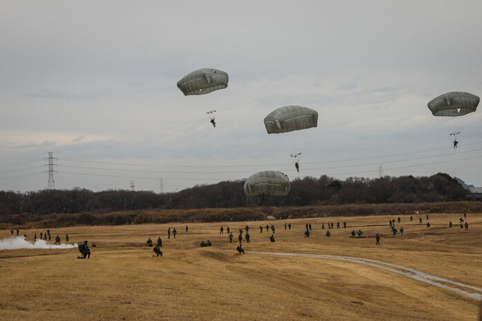 U.S. Army Paratroopers assigned to the 82nd Airborne Division jump into Camp Narashino, Japan, as part of the joint multilateral New Year Jump in Indo-Pacific 25 on Jan. 12, 2025.