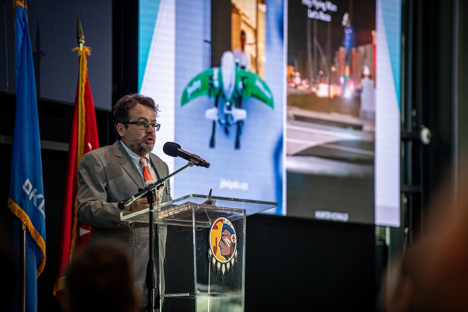 Jamey Jacob, P.h.D., P.E., director, Oklahoma State University’s Oklahoma Aerospace Institute for Research and Education, gives a presentation during the second annual OKNG UAS/LE Symposium at the Oklahoma State University Hamm Institute for American Energy in Oklahoma City, Jan. 21, 2025. Topics at the symposium included emerging UAS threats, Department of Defense and National Guard integration in advanced air mobility, maneuver training, integrating UAS in interagency operations, and counter-UAS initiative development. (Oklahoma National Guard photo by Anthony Jones)