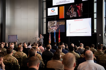 Jamey Jacob, P.h.D., P.E., director, Oklahoma State University’s Oklahoma Aerospace Institute for Research and Education, gives a presentation during the second annual OKNG UAS/LE Symposium at the Oklahoma State University Hamm Institute for American Energy in Oklahoma City, Jan. 21, 2025. Topics at the symposium included emerging UAS threats, Department of Defense and National Guard integration in advanced air mobility, maneuver training, integrating UAS in interagency operations, and counter-UAS initiative development. (Oklahoma National Guard photo by Anthony Jones)