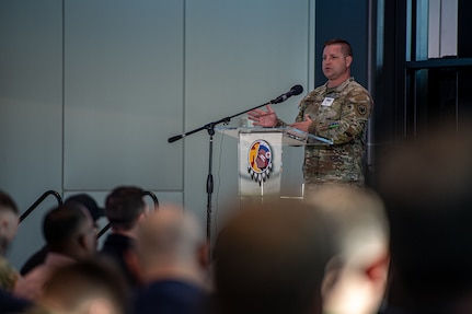 Lt. Col. Lynn Sullivan, United States Northern Command, briefs audience members about NORTHCOM’s roles and responsibilities related to unmanned aerial systems during the second annual OKNG UAS/LE Symposium at the Oklahoma State University Hamm Institute for American Energy in Oklahoma City, Jan. 21, 2025. Topics at the symposium included emerging UAS threats, Department of Defense and National Guard integration in advanced air mobility, maneuver training, integrating UAS in interagency operations, and counter-UAS initiative development. (Oklahoma National Guard photo by Anthony Jones)