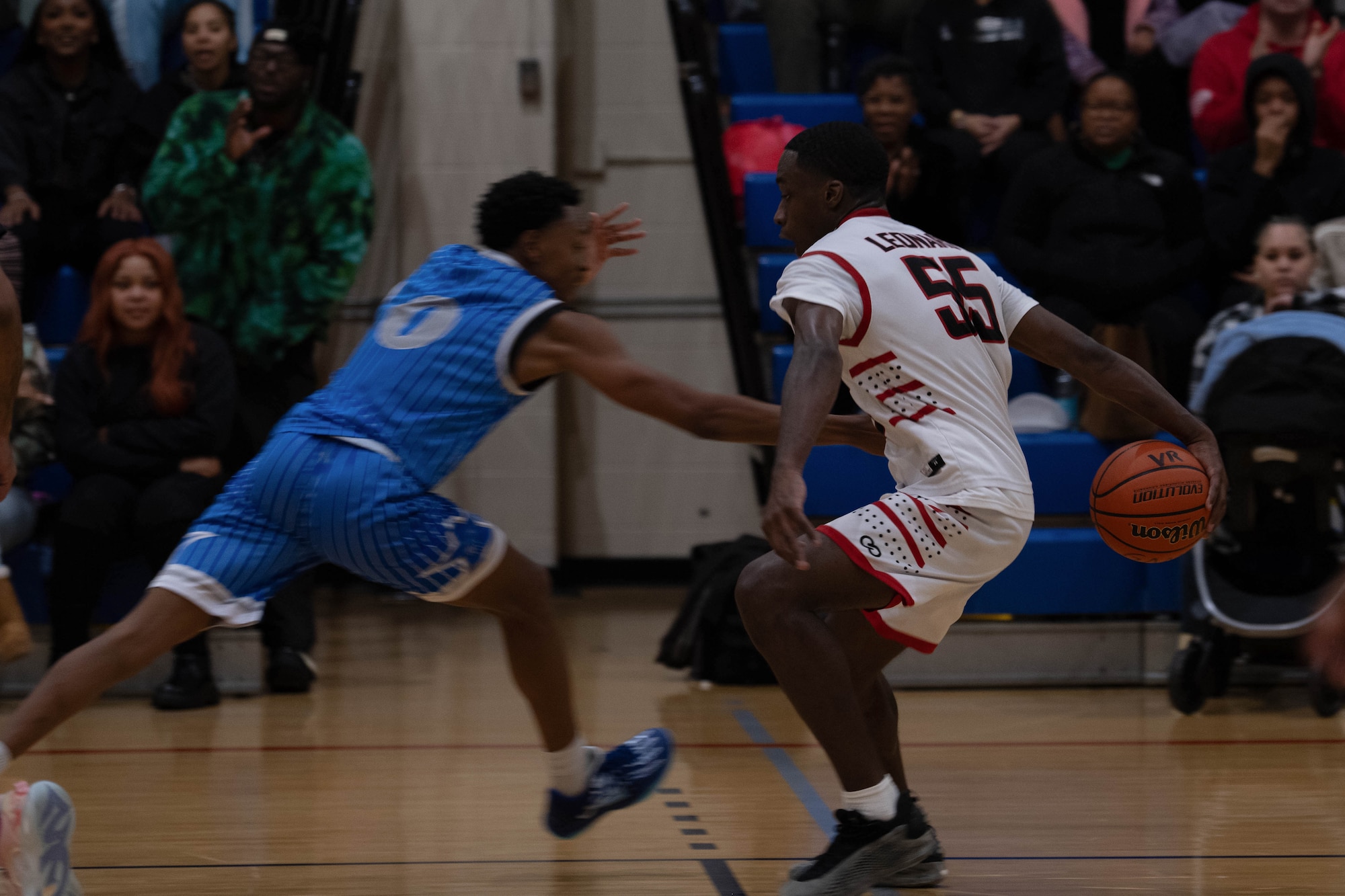 A member of the Eglin Eagles basketball team attempts to steal a ball from a member of the Hurlburt Field Air Commandos, at Hurlburt Field, Florida, Jan. 10, 2025.