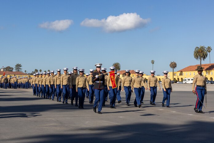 U.S. Marines with Lima Company, 3rd Recruit Training Battalion, march in formation during a graduation ceremony at Marine Corps Recruit Depot San Diego, California, Jan. 17, 2025. Graduation took place at the completion of the 13-week transformation, which included training for drill, marksmanship, basic combat skills, and Marine Corps customs and traditions. The Marine Corps has served the Nation honorably for 250 years. Marines embody the uncompromising standards and characteristics of honor, courage and commitment. (U.S. Marine Corps photo by Lance Cpl. Jacob B. Hutchinson)
