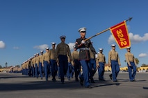 U.S. Marines with Lima Company, 3rd Recruit Training Battalion, march in formation during a graduation ceremony at Marine Corps Recruit Depot San Diego, California, Jan. 17, 2025. Graduation took place at the completion of the 13-week transformation, which included training for drill, marksmanship, basic combat skills, and Marine Corps customs and traditions. The Marine Corps has served the Nation honorably for 250 years. Marines embody the uncompromising standards and characteristics of honor, courage and commitment. (U.S. Marine Corps photo by Lance Cpl. Jacob B. Hutchinson)