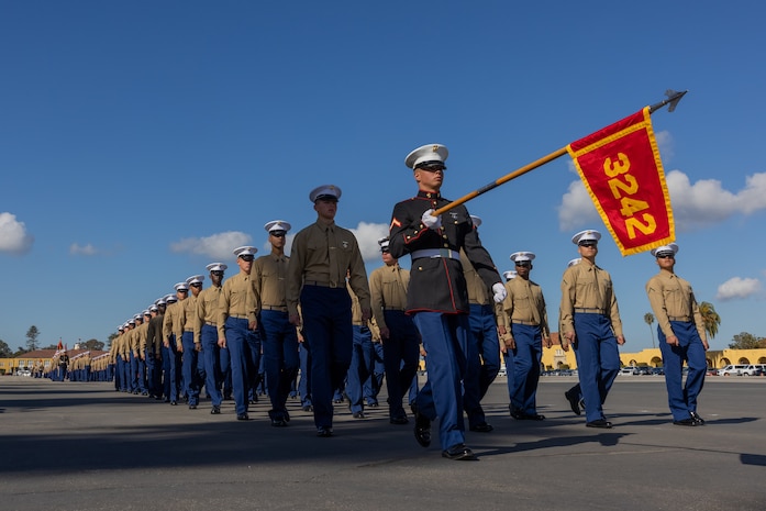 U.S. Marines with Lima Company, 3rd Recruit Training Battalion, march in formation during a graduation ceremony at Marine Corps Recruit Depot San Diego, California, Jan. 17, 2025. Graduation took place at the completion of the 13-week transformation, which included training for drill, marksmanship, basic combat skills, and Marine Corps customs and traditions. The Marine Corps has served the Nation honorably for 250 years. Marines embody the uncompromising standards and characteristics of honor, courage and commitment. (U.S. Marine Corps photo by Lance Cpl. Jacob B. Hutchinson)