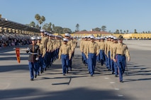U.S. Marines with Lima Company, 3rd Recruit Training Battalion, march in formation during a graduation ceremony at Marine Corps Recruit Depot San Diego, California, Jan. 17, 2025. Graduation took place at the completion of the 13-week transformation, which included training for drill, marksmanship, basic combat skills, and Marine Corps customs and traditions. The Marine Corps has served the Nation honorably for 250 years. Marines embody the uncompromising standards and characteristics of honor, courage and commitment. (U.S. Marine Corps photo by Lance Cpl. Jacob B. Hutchinson)