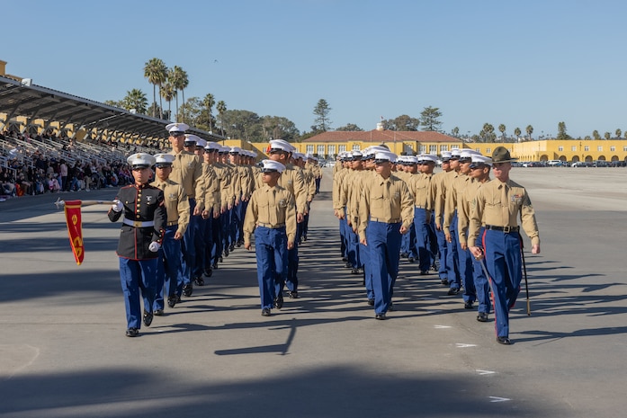U.S. Marines with Lima Company, 3rd Recruit Training Battalion, march in formation during a graduation ceremony at Marine Corps Recruit Depot San Diego, California, Jan. 17, 2025. Graduation took place at the completion of the 13-week transformation, which included training for drill, marksmanship, basic combat skills, and Marine Corps customs and traditions. The Marine Corps has served the Nation honorably for 250 years. Marines embody the uncompromising standards and characteristics of honor, courage and commitment. (U.S. Marine Corps photo by Lance Cpl. Jacob B. Hutchinson)