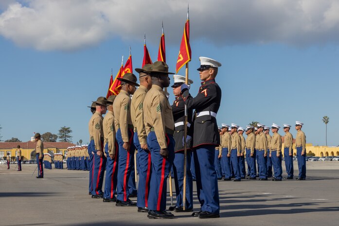 U.S. Marine Corps drill instructors with Lima Company, 3rd Recruit Training Battalion, prepare to retire the guidons as a part of a graduation ceremony at Marine Corps Recruit Depot San Diego, California, Jan. 17, 2025. Graduation took place at the completion of the 13-week transformation, which included training for drill, marksmanship, basic combat skills, and Marine Corps customs and traditions. The Marine Corps has served the Nation honorably for 250 years. Marines embody the uncompromising standards and characteristics of honor, courage and commitment. (U.S. Marine Corps photo by Lance Cpl. Jacob B. Hutchinson)
