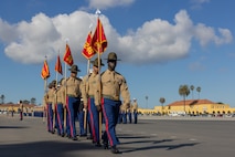 U.S. Marine Corps drill instructors with Lima Company, 3rd Recruit Training Battalion, retire the guidons as a part of a graduation ceremony at Marine Corps Recruit Depot San Diego, California, Jan. 17, 2025. Graduation took place at the completion of the 13-week transformation, which included training for drill, marksmanship, basic combat skills, and Marine Corps customs and traditions. The Marine Corps has served the Nation honorably for 250 years. Marines embody the uncompromising standards and characteristics of honor, courage and commitment. (U.S. Marine Corps photo by Lance Cpl. Jacob B. Hutchinson)