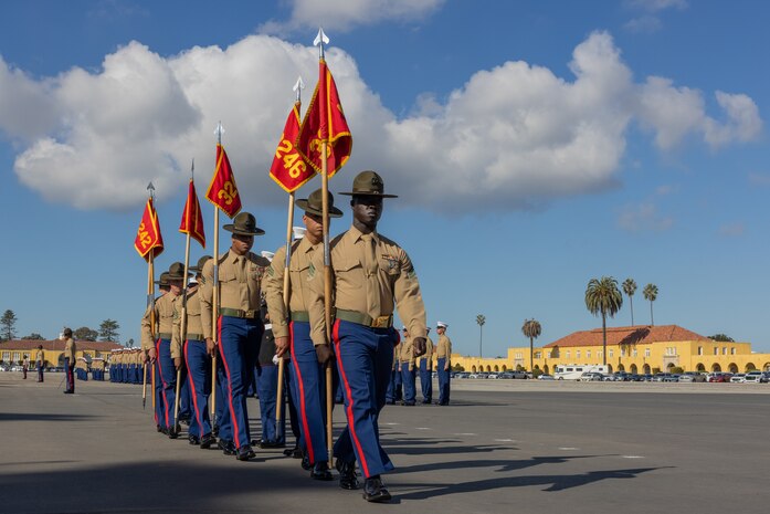 U.S. Marine Corps drill instructors with Lima Company, 3rd Recruit Training Battalion, retire the guidons as a part of a graduation ceremony at Marine Corps Recruit Depot San Diego, California, Jan. 17, 2025. Graduation took place at the completion of the 13-week transformation, which included training for drill, marksmanship, basic combat skills, and Marine Corps customs and traditions. The Marine Corps has served the Nation honorably for 250 years. Marines embody the uncompromising standards and characteristics of honor, courage and commitment. (U.S. Marine Corps photo by Lance Cpl. Jacob B. Hutchinson)