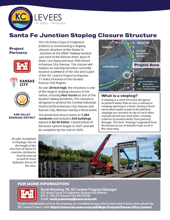 The US Army Corps of Engineers (USACE) is constructing a stoplog closure structure at the Santa Fe Partners: Junction of the BNSF Railway located just east of the Kansas River, west of State Line Road and near 25th Street in Kansas City, Kansas. The closure will replace an existing structure currently located southwest of the site and is part of the KC Levees Project to improve 17 miles of levees in the Greater Kansas City Region.
At over 20 feet high, the structure is one of the largest stoplog closures in the nation, crossing four tracks at one of the busiest railway junctions. The closure is designed to protect the Central Industrial District (CID) in Kansas City, Kansas and Kansas City, Missouri during a flood event.

The protected area is home to 7,494 residents and includes 526 buildings valued at $3.36 billion. Construction of the levee system began in 2021 and will be complete by the end of 2025.

What is a stoplog? A stoplog is a steel structure designed to prevent water flow across a railroad or roadway opening in a levee. During a flood even when water needs to be blocked, stoplogs are stacked on top of each other and placed into pre-built slots, creating a barrier to prevent water from passing through. The term "stoplog" originated from the historical use of wooden logs used in the same way.