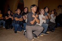 U.S. Marine Corps recruits with Hotel Company, 2nd Recruit Training Battalion, respond to a drill instructor as part of a receiving event at Marine Corps Recruit Depot San Diego, California, Jan. 13, 2025. During the receiving process, recruits are taken to the United States Organizations for accountability, checked for contraband, given haircuts, make a scripted phone call home, and issued gear required for training. (U.S. Marine Corps photo by Cpl. Sarah M. Grawcock)