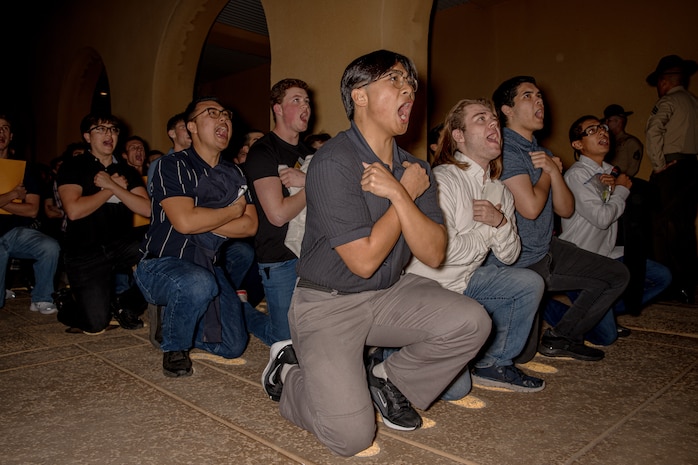 U.S. Marine Corps recruits with Hotel Company, 2nd Recruit Training Battalion, respond to a drill instructor as part of a receiving event at Marine Corps Recruit Depot San Diego, California, Jan. 13, 2025. During the receiving process, recruits are taken to the United States Organizations for accountability, checked for contraband, given haircuts, make a scripted phone call home, and issued gear required for training. (U.S. Marine Corps photo by Cpl. Sarah M. Grawcock)