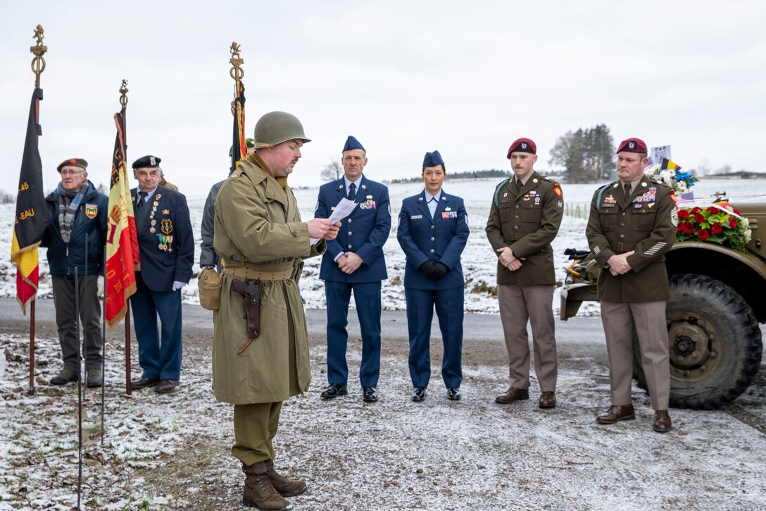 Five members of the Nebraska National Guard travelled to Bastogne, Belgium, Jan. 9-14, 2025, where they helped commemorate the 80th anniversary of the liberation of the city by Soldiers of Nebraska National Guard’s 134th Infantry Regiment under the 35th Infantry Division, during World War II. 

The service members participated in a wreath laying ceremony at a memorial honoring those who liberated the region from Nazi Germany. Joining them in the ceremony were local residents and officials from the city of Lutremange as well as the Timberwolves Remembrance Group Belgium, a reenactment group in Belgium.

The Nebraska Soldiers and Airmen also travelled to the Luxembourg American Cemetery Memorial where they visited the graves of service members laid to rest there while also placing a wreath at the grave marker for Technical Sergeant John Cantoni, a Nebraska National Guardsman from Omaha, Nebraska. Cantoni was killed in action on Jan. 4, 1944, when his foxhole was struck by German fire as he and other members of his unit were defending Bastogne. He had been with the company for less than a week after recovering from wounds he received during the Battle of St. Lo in July 1944.