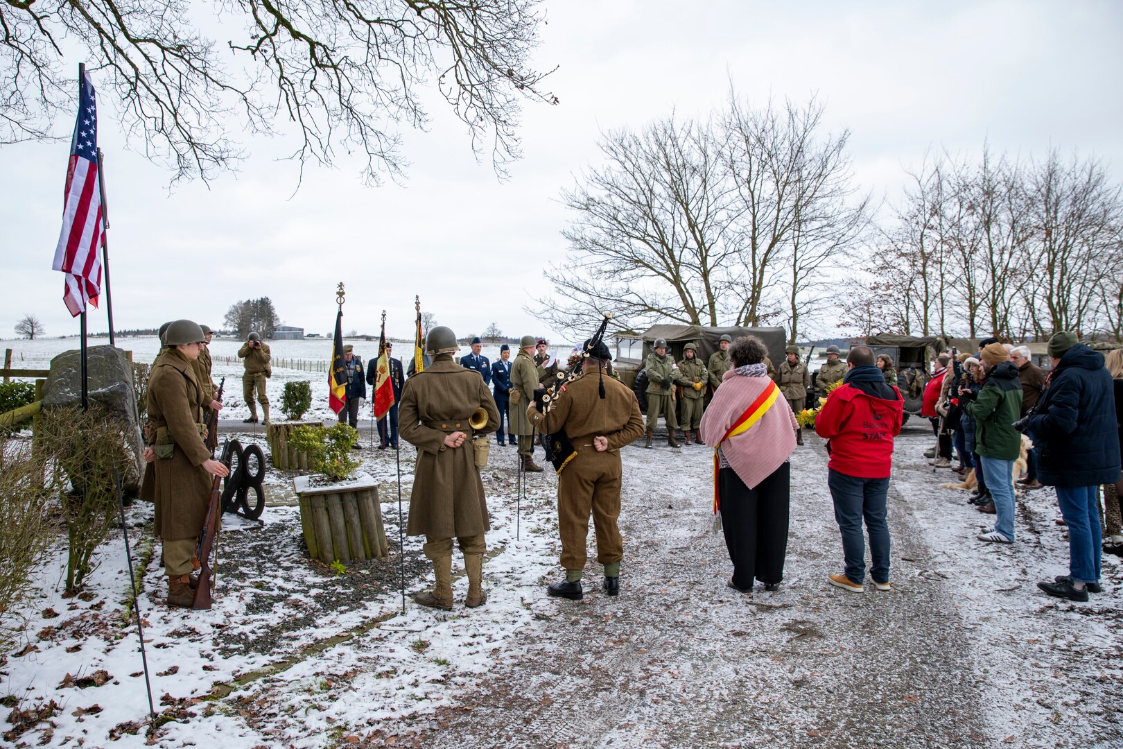 Five members of the Nebraska National Guard travelled to Bastogne, Belgium, Jan. 9-14, 2025, where they helped commemorate the 80th anniversary of the liberation of the city by Soldiers of Nebraska National Guard’s 134th Infantry Regiment under the 35th Infantry Division, during World War II. 

The service members participated in a wreath laying ceremony at a memorial honoring those who liberated the region from Nazi Germany. Joining them in the ceremony were local residents and officials from the city of Lutremange as well as the Timberwolves Remembrance Group Belgium, a reenactment group in Belgium.

The Nebraska Soldiers and Airmen also travelled to the Luxembourg American Cemetery Memorial where they visited the graves of service members laid to rest there while also placing a wreath at the grave marker for Technical Sergeant John Cantoni, a Nebraska National Guardsman from Omaha, Nebraska. Cantoni was killed in action on Jan. 4, 1944, when his foxhole was struck by German fire as he and other members of his unit were defending Bastogne. He had been with the company for less than a week after recovering from wounds he received during the Battle of St. Lo in July 1944.