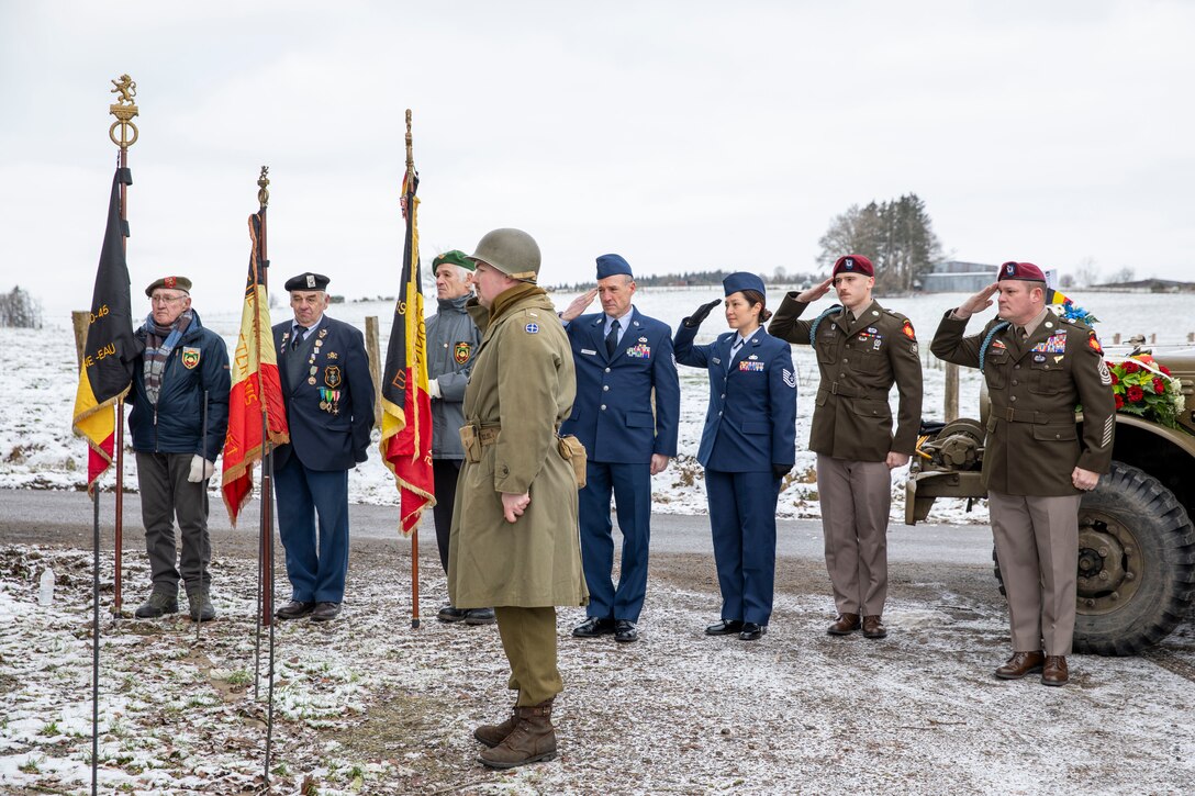 Five members of the Nebraska National Guard travelled to Bastogne, Belgium, Jan. 9-14, 2025, where they helped commemorate the 80th anniversary of the liberation of the city by Soldiers of Nebraska National Guard’s 134th Infantry Regiment under the 35th Infantry Division, during World War II. 

The service members participated in a wreath laying ceremony at a memorial honoring those who liberated the region from Nazi Germany. Joining them in the ceremony were local residents and officials from the city of Lutremange as well as the Timberwolves Remembrance Group Belgium, a reenactment group in Belgium.

The Nebraska Soldiers and Airmen also travelled to the Luxembourg American Cemetery Memorial where they visited the graves of service members laid to rest there while also placing a wreath at the grave marker for Technical Sergeant John Cantoni, a Nebraska National Guardsman from Omaha, Nebraska. Cantoni was killed in action on Jan. 4, 1944, when his foxhole was struck by German fire as he and other members of his unit were defending Bastogne. He had been with the company for less than a week after recovering from wounds he received during the Battle of St. Lo in July 1944.