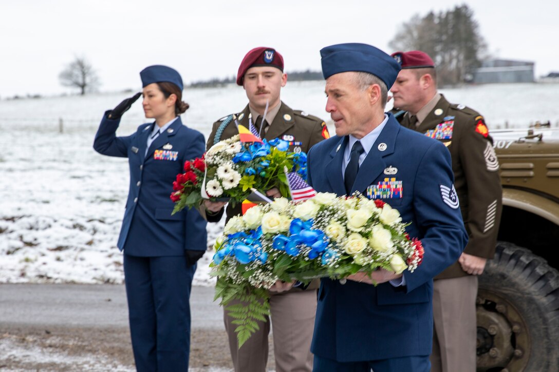 Five members of the Nebraska National Guard travelled to Bastogne, Belgium, Jan. 9-14, 2025, where they helped commemorate the 80th anniversary of the liberation of the city by Soldiers of Nebraska National Guard’s 134th Infantry Regiment under the 35th Infantry Division, during World War II. 

The service members participated in a wreath laying ceremony at a memorial honoring those who liberated the region from Nazi Germany. Joining them in the ceremony were local residents and officials from the city of Lutremange as well as the Timberwolves Remembrance Group Belgium, a reenactment group in Belgium.

The Nebraska Soldiers and Airmen also travelled to the Luxembourg American Cemetery Memorial where they visited the graves of service members laid to rest there while also placing a wreath at the grave marker for Technical Sergeant John Cantoni, a Nebraska National Guardsman from Omaha, Nebraska. Cantoni was killed in action on Jan. 4, 1944, when his foxhole was struck by German fire as he and other members of his unit were defending Bastogne. He had been with the company for less than a week after recovering from wounds he received during the Battle of St. Lo in July 1944.