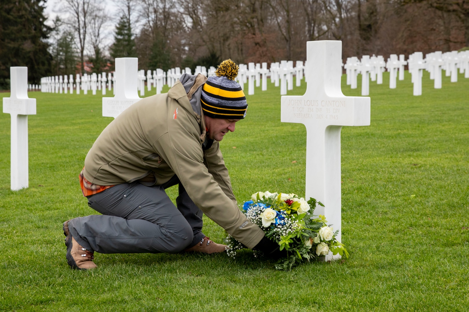 Five members of the Nebraska National Guard travelled to Bastogne, Belgium, Jan. 9-14, 2025, where they helped commemorate the 80th anniversary of the liberation of the city by Soldiers of Nebraska National Guard’s 134th Infantry Regiment under the 35th Infantry Division, during World War II. 

The service members participated in a wreath laying ceremony at a memorial honoring those who liberated the region from Nazi Germany. Joining them in the ceremony were local residents and officials from the city of Lutremange as well as the Timberwolves Remembrance Group Belgium, a reenactment group in Belgium.

The Nebraska Soldiers and Airmen also travelled to the Luxembourg American Cemetery Memorial where they visited the graves of service members laid to rest there while also placing a wreath at the grave marker for Technical Sergeant John Cantoni, a Nebraska National Guardsman from Omaha, Nebraska. Cantoni was killed in action on Jan. 4, 1944, when his foxhole was struck by German fire as he and other members of his unit were defending Bastogne. He had been with the company for less than a week after recovering from wounds he received during the Battle of St. Lo in July 1944.