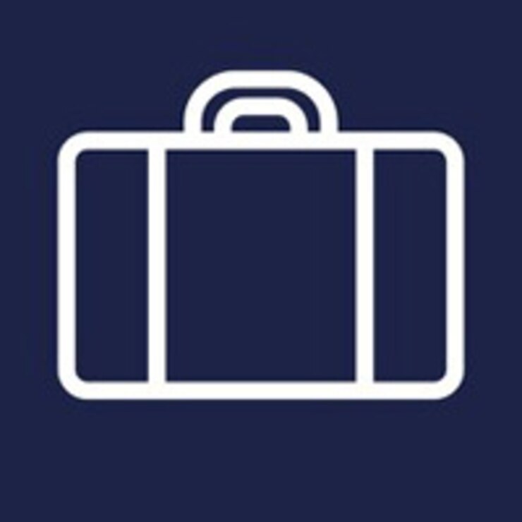 A white graphic of a briefcase against a blue background.