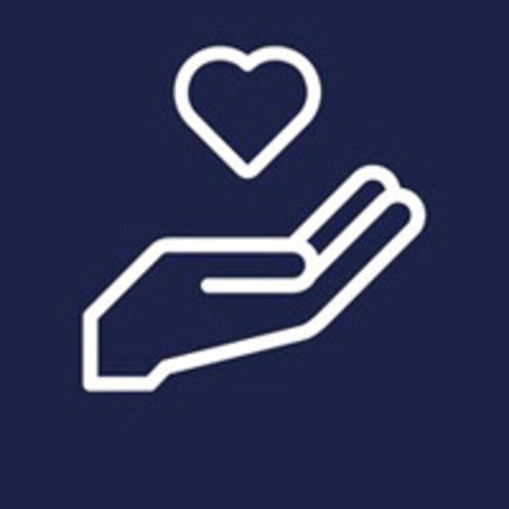 A white graphic of a hand holding a heart against a blue background.