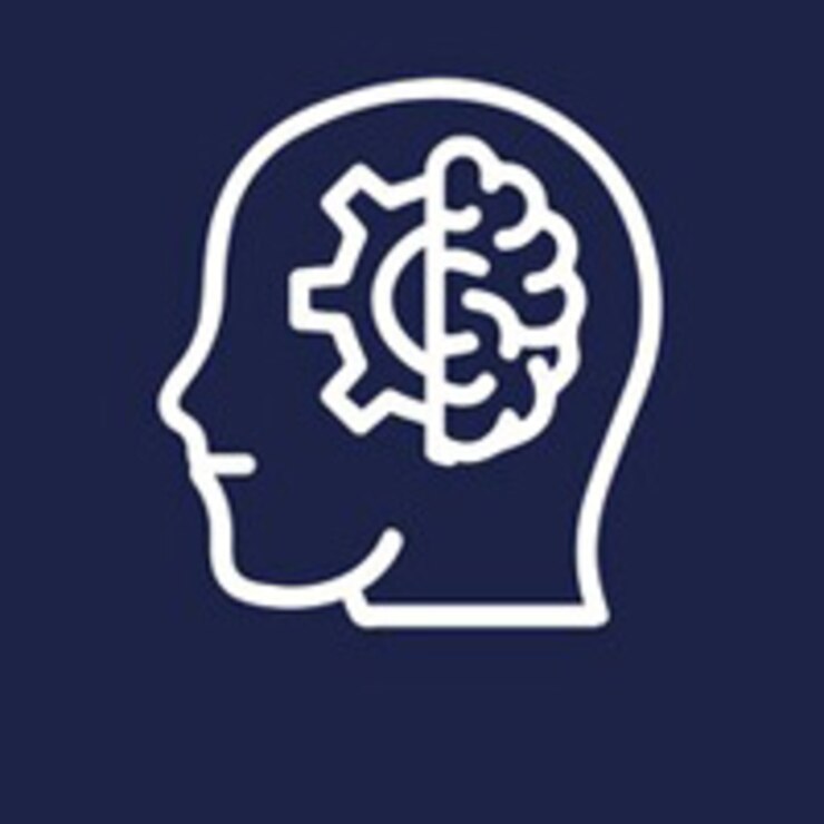 A white graphic of a head looking sideways, a gear and brain inside, against a blue background.