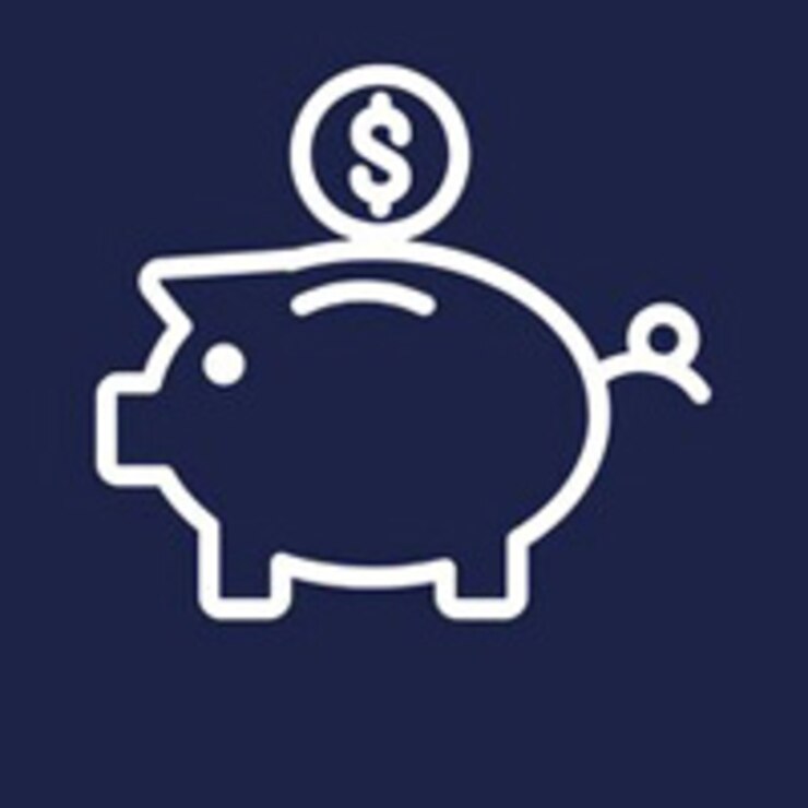 A white graphic of a piggy bank against a blue background.