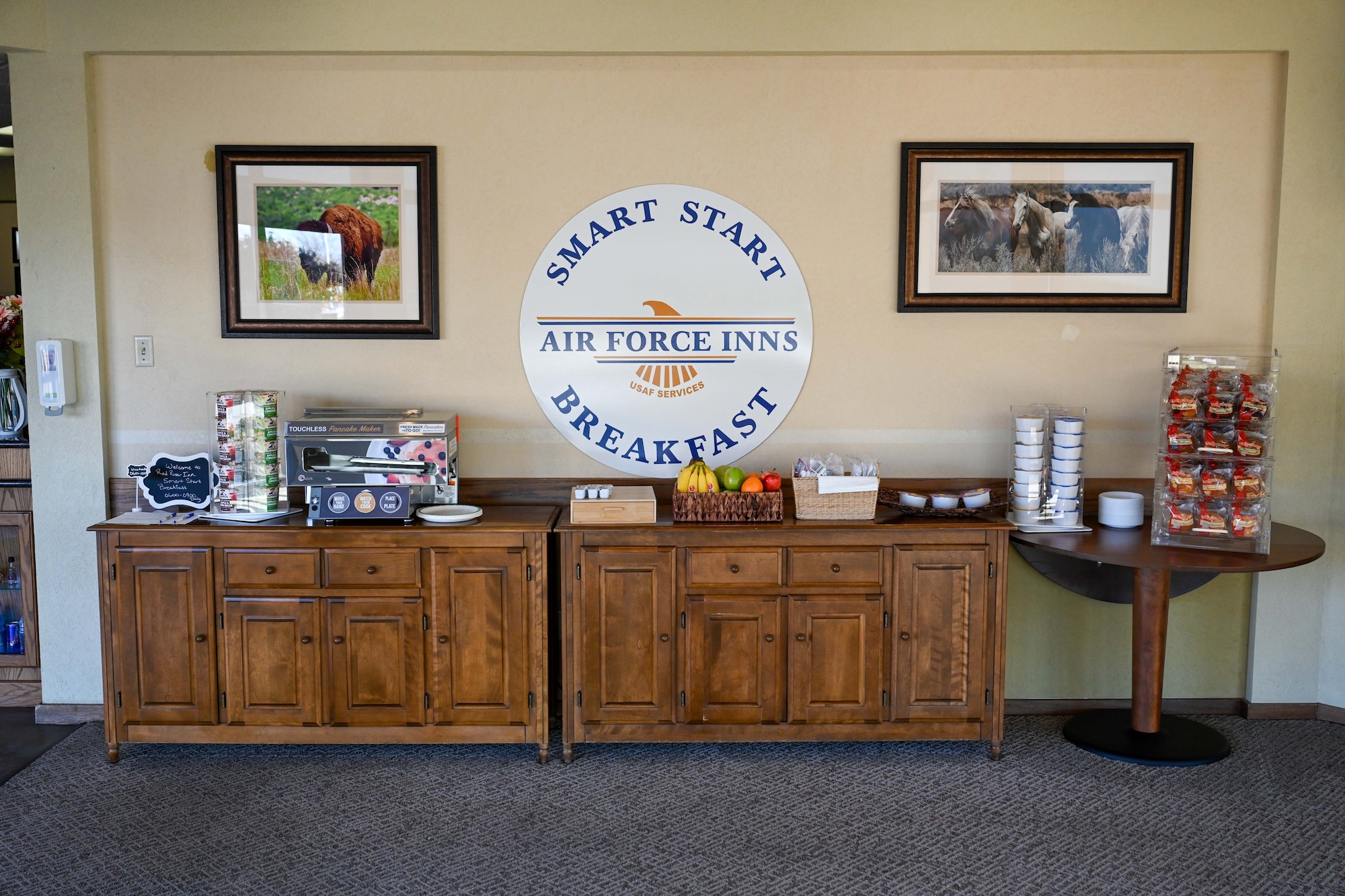 A welcome sign displays the hours for the Smart Start Breakfast Program at the Red River Inn, Altus Air Force Base, Oklahoma, Jan. 23, 2025. The program is available from 6 to 9 a.m. on weekdays and 6 to 10 a.m. on weekends. (U.S. Air Force photo by Airman 1st Class Jonah Bliss)
