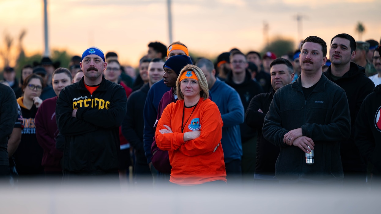 U.S. Air Force Airmen assigned to the 56th Fighter Wing gather to hear remarks from U.S. Air Force Brig. Gen. David Berkland, 56th Fighter Wing commander.