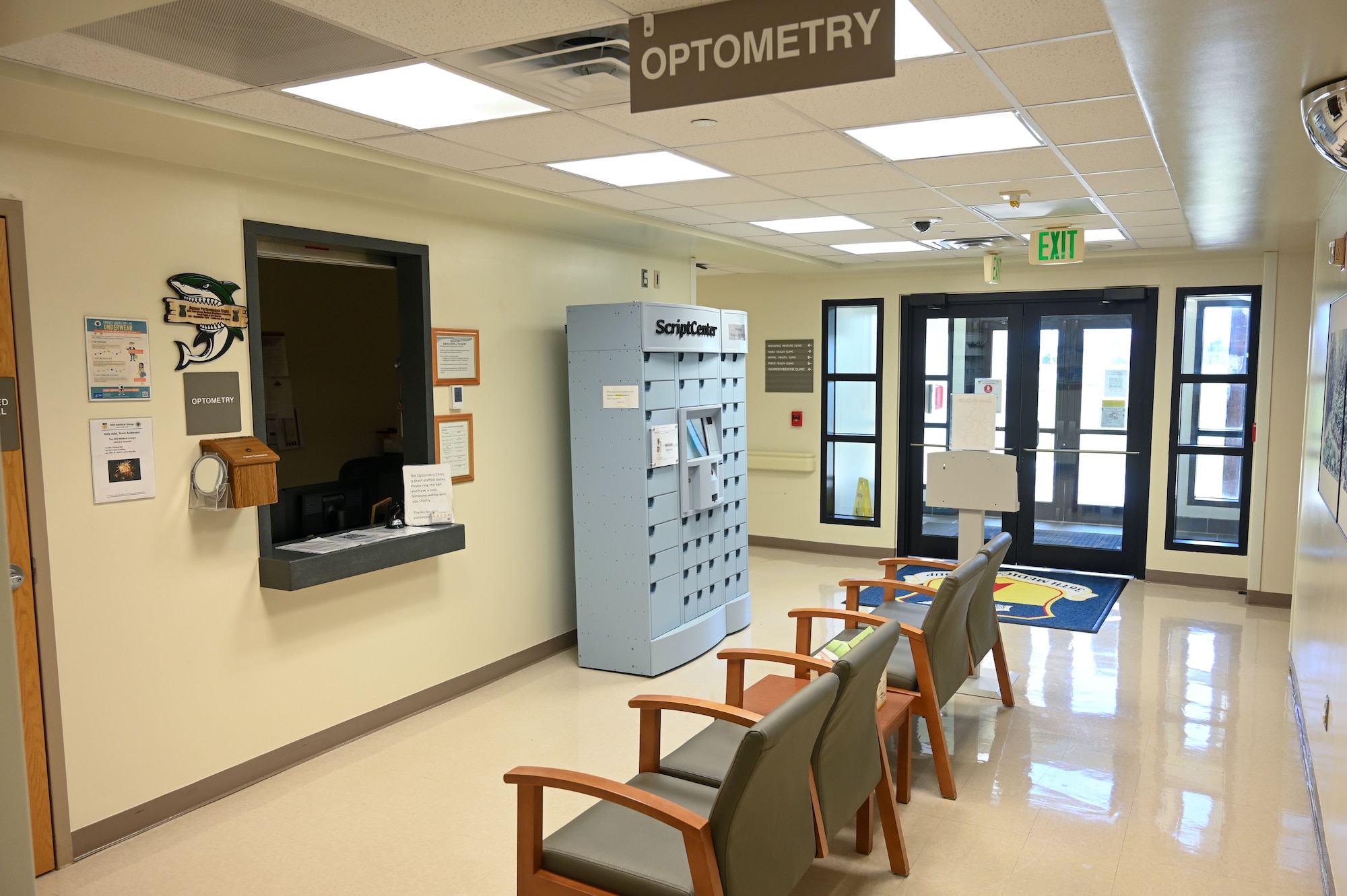 The new ScriptCenter location is shown outside of the optometry clinic at the 36th Medical Group on Andersen Air Force Base, Guam, Jan. 22, 2025. The ScriptCenter is a safe and secure locker system for prescription refill pick-ups and is available to all Tricare beneficiaries. (U.S. Air Force photo by Airman 1st Class Natasha Ninete)