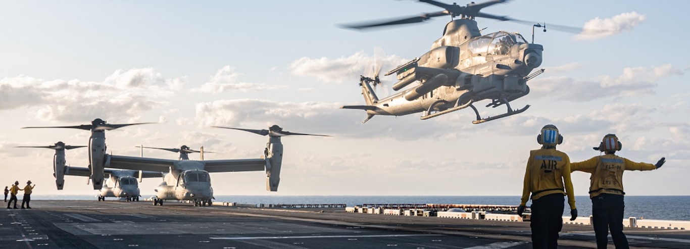 An AH-1Z Viper attack helicopter from the 31st Marine Expeditionary Unit (MEU) Air Combat Element (ACE), takes off from the flight deck the forward-deployed amphibious assault ship USS America (LHA 6), while conducting flight operations in the Philippine Sea, Jan. 22.