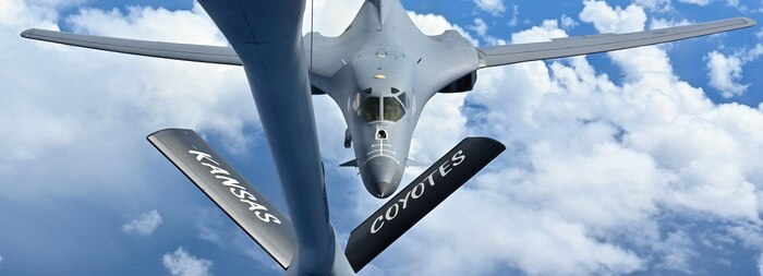 A U.S. Air Force B-1B Lancer assigned to the 34th Expeditionary Bomb Squadron, Ellsworth Air Force Base, S.D., approaches a KC-135 Stratotanker assigned to the 506th Expeditionary Air Refueling Squadron to conduct aerial refueling during Bomber Task Force 25-1 over the Pacific Ocean, Jan. 21, 2025.