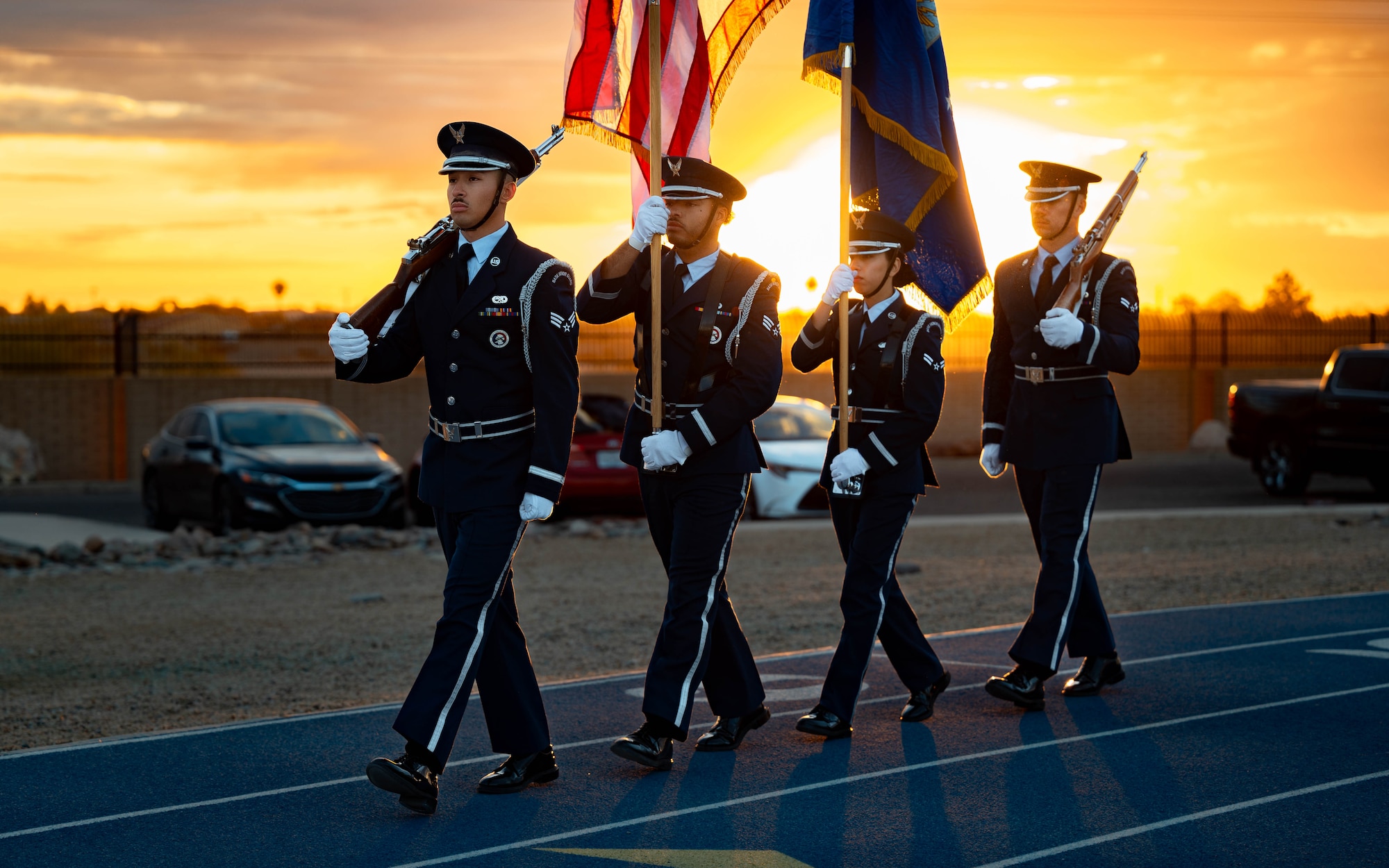 56th Fighter Wing Honor Guard Airmen march in formation.