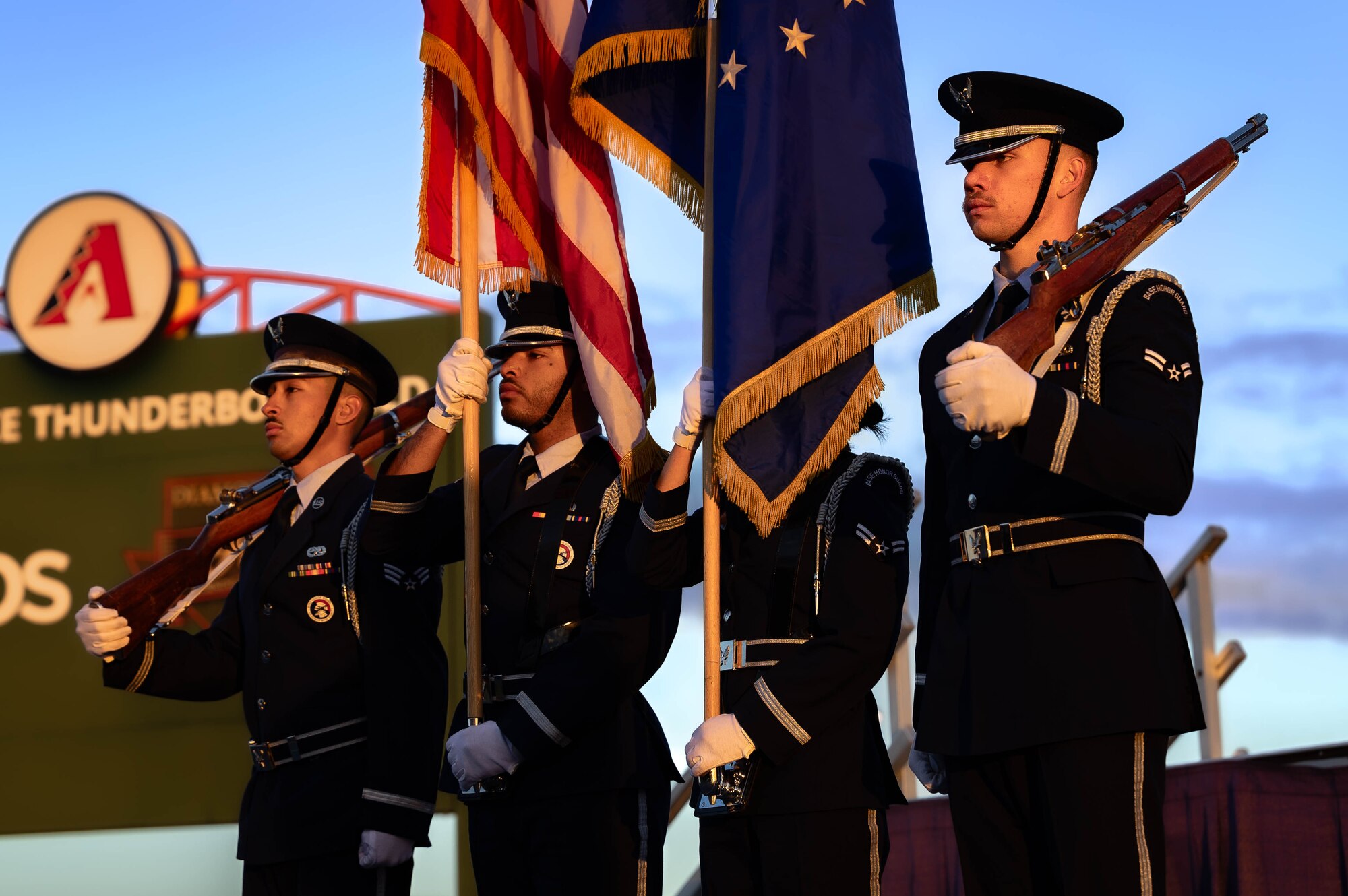 56th Fighter Wing Honor Guard Airmen stand in formation.