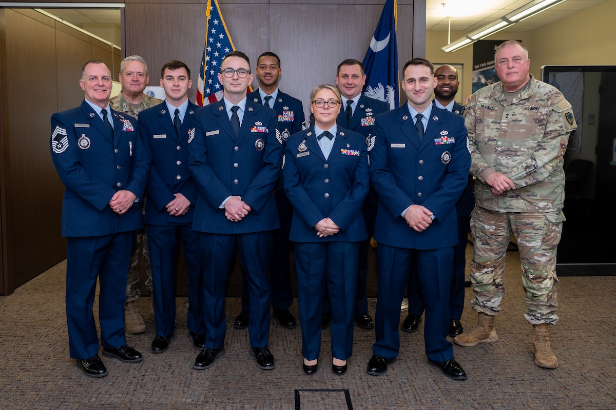 U.S. Army Maj. Gen. R. Van McCarty, the adjutant general for South Carolina, congratulates the dedicated recruiting team of the 169th Fighter Wing at McEntire Joint National Guard Base, South Carolina, Jan. 21, 2025.