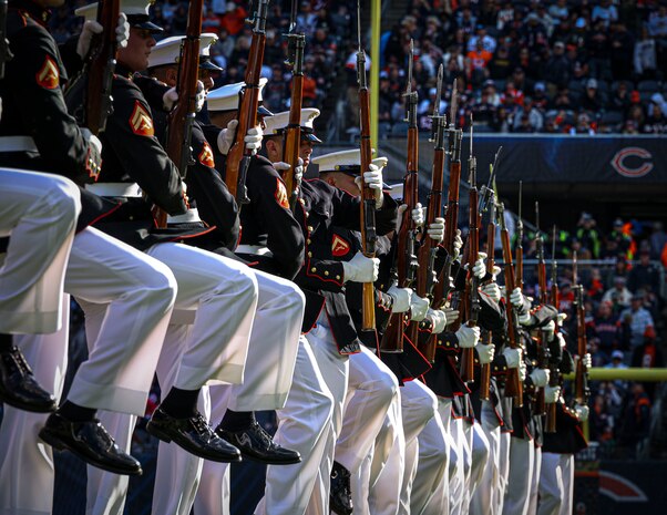 Marines with the U.S. Marine Corps Silent Drill Platoon execute the “long line” sequence during a halftime show at the Chicago Bears vs. New England Patriots football game at Soldier Field in Chicago, Ill., Nov. 10, 2024. During the month of November, the National Football League honors the military with Salute to Service games the Silent Drill Platoon performed in front of tens of thousands spectators at the Chicago Bears versus the New England Patriots. (U.S. Marine Corps photo by Lance Cpl. Iyer P. Ramakrishna)