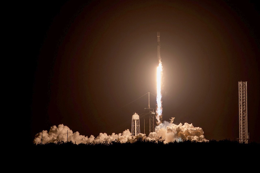 A Falcon 9 rocket launches for a mission from Kennedy Space Center, Fla., Jan. 21, 2025.