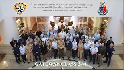 Class photo of GATEWAY Class 24-1 at the National Defense University featuring Senior Enlisted Advisor to the Chairman U.S. Marine Corps Sgt. Maj. Troy E. Black.
