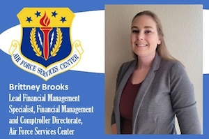 AFIMSC Mission Monday graphic with Brittney Brooks' official photo with AFSVC shield