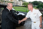 Adm. Samuel J. Paparo, commander of U.S. Indo-Pacific Command, greets Australian Secretary of the Department of Defence Greg Moriarty at USINDOPACOM headquarters on Camp H.M. Smith in Hawaii, Jan. 21, 2025. The U.S. and Australia share an unbreakable alliance and a partnership focused on mutual strategic interests supporting stability, prosperity, and peace in the Indo-Pacific region and beyond. USINDOPACOM is committed to enhancing stability in the Indo-Pacific region by promoting security cooperation, encouraging peaceful development, responding to contingencies, deterring aggression and, when necessary, fighting to win. (U.S. Navy photo by Mass Communication Specialist 1st Class John Bellino)