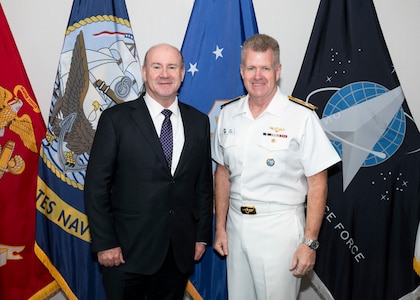 Adm. Samuel J. Paparo, commander of U.S. Indo-Pacific Command, meets with Australian Secretary of the Department of Defence Greg Moriarty at USINDOPACOM headquarters on Camp H.M. Smith in Hawaii, Jan. 21, 2025.