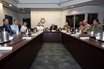 Adm. Samuel J. Paparo, center left, commander of U.S. Indo-Pacific Command, meets with Australian Secretary of the Department of Defence Greg Moriarty, center, at USINDOPACOM headquarters on Camp H.M. Smith in Hawaii, Jan. 21, 2025.