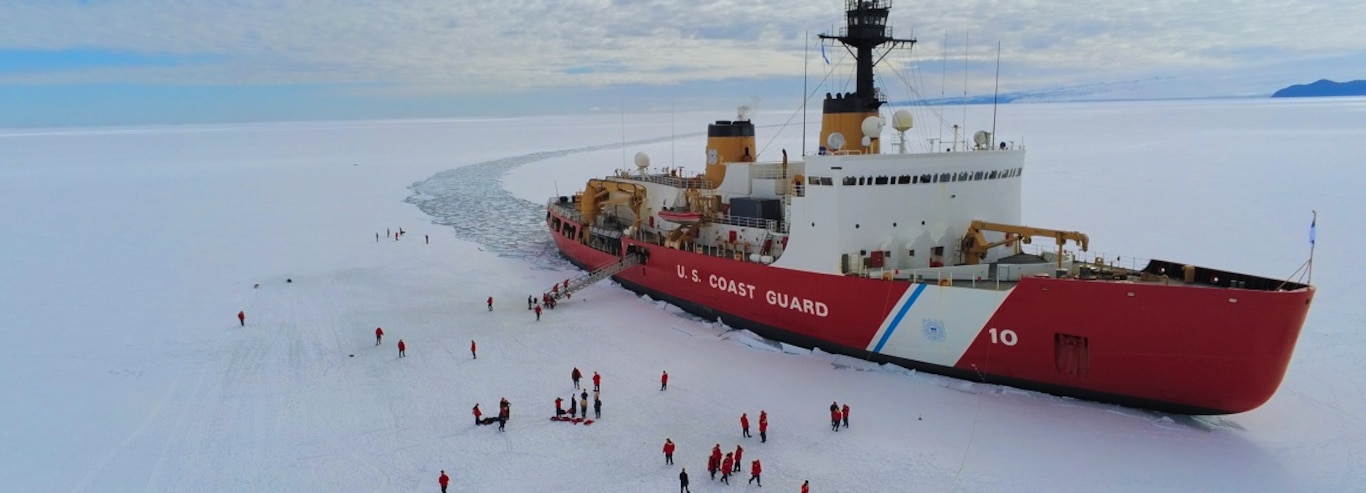 The crew of U.S. Coast Guard Cutter Polar Star (WAGB 10) enjoys ice liberty while the cutter sits hove-to in McMurdo Sound during Operation Deep Freeze, Jan. 7, 2025.
