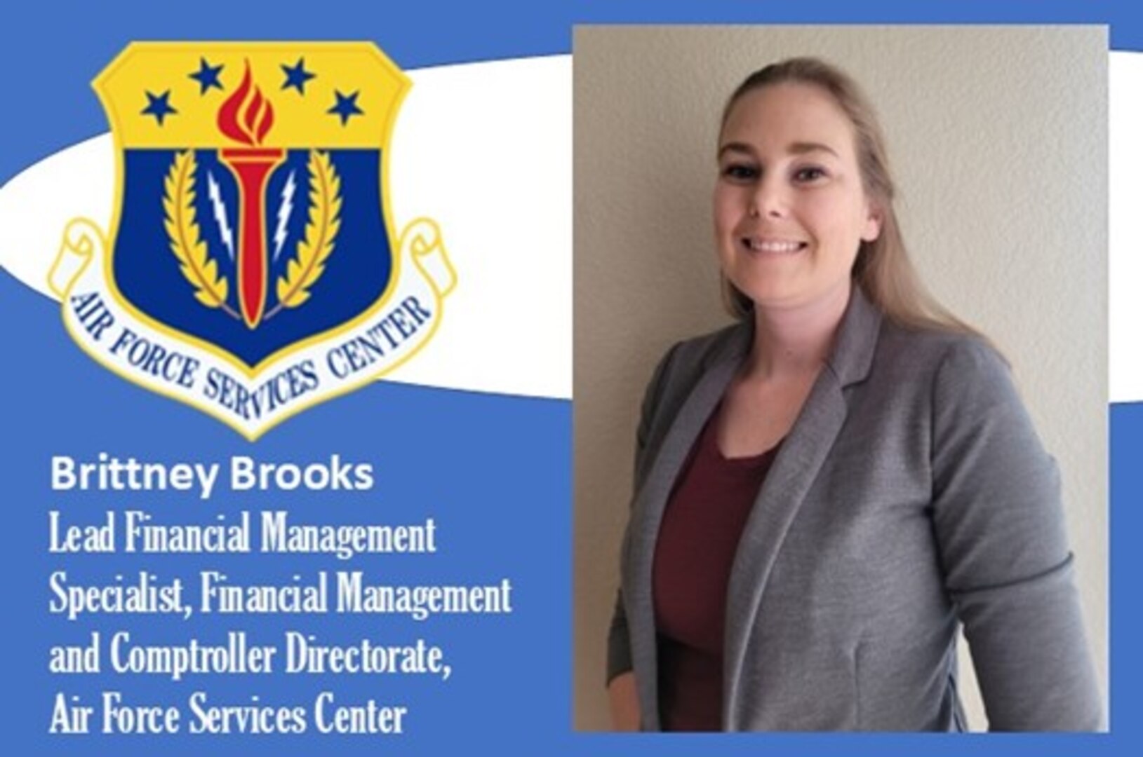 AFIMSC Mission Monday graphic with Brittney Brooks' official photo with AFSVC shield