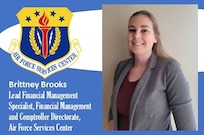 AFIMSC Mission Monday graphic with Brittney Brooks' official photo with AFSVC shield