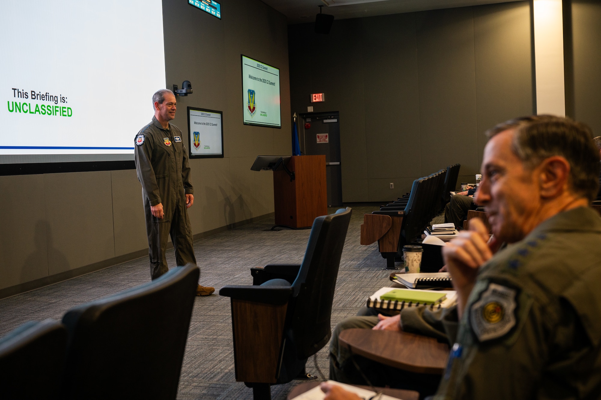 U.S. Air Force Gen. Ken Wilsbach, Air Combat Command commander, delivers opening remarks to a group of senior military leaders, including U.S. Air Force Gen. Kevin Schneider, Pacific Air Forces commander, during the Air Force’s annual Command and Control Summit at Nellis Air Force Base, Nevada, Jan. 13, 2025.