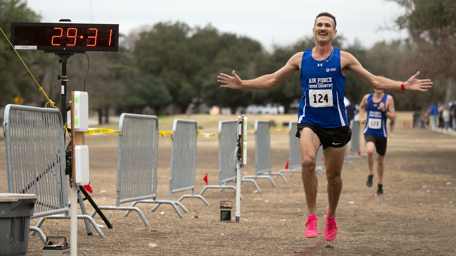 Air Force Airman 1st Class Daniel Michalski wins the men’s division of the 2025 Armed Forces Men’s and Women’s Cross Country Championship at Windcrest Golf Club in Windcrest, Texas, on Jan. 25, 2025. (DoD photo by EJ Hersom)