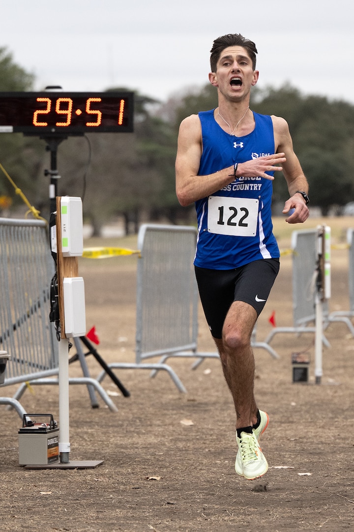 Air Force 1st Lt Ryan Ioanidis finishes third in the men’s division of the 2025 Armed Forces Men’s and Women’s Cross Country Championship at Windcrest Golf Club in Windcrest, Texas, on Jan. 25, 2025. (DoD photo by EJ Hersom)