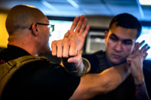 U.S. Marine Corps Cpl. Reed Lyons, Marine Aircraft Group 49 Marine Corps Martial Arts Program trainee and U.S. Marine Corps. Staff Sgt. Bryan Greenwood, MAG 49 MCMAP trainee, perform water-based exercises while at Joint Base McGuire-Dix-Lakehurst, N.J., Jan. 10, 2025. MCMAP is a combat system that combines existing and new hand-to-hand and close quarters combat techniques with morale, team-building functions and instruction in the warrior ethos. The techniques used by MCMAP vary in degrees of lethality allowing members to qualify and master up to six disciplines through continuation in the program. (U.S. Air Force photo by Senior Airman Matt Porter)