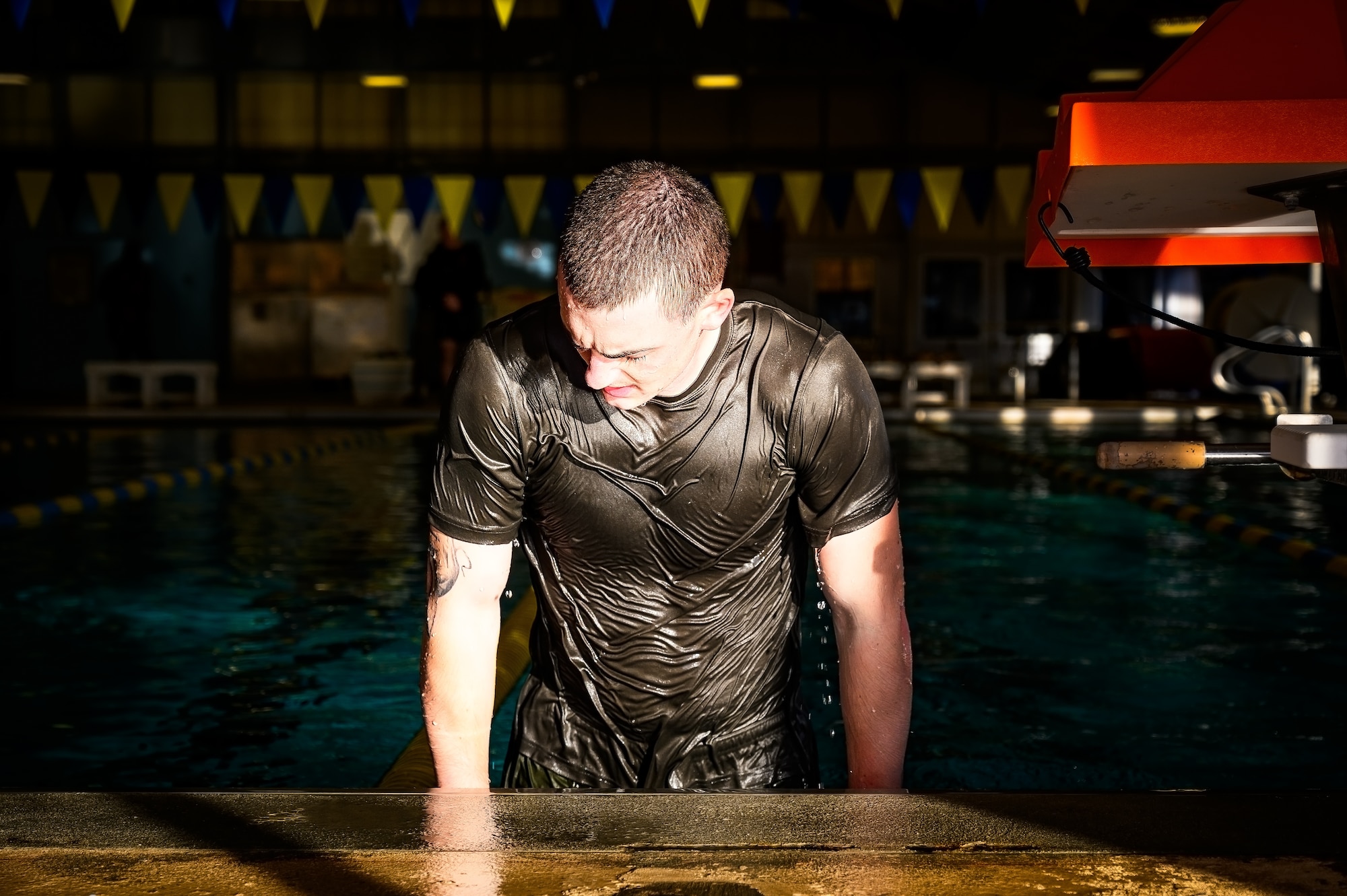 U.S. Marine Corps Cpl. Christopher Cloke, Marine Aircraft Group 49 Marine Corps Martial Arts Program trainee, performs water-based exercises at Joint Base McGuire-Dix-Lakehurst, N.J., Jan. 10, 2025. MCMAP is a combat system that combines existing and new hand-to-hand and close quarters combat techniques with morale, team-building functions and instruction in the warrior ethos. The techniques used by MCMAP vary in degrees of lethality allowing members to qualify and master up to six disciplines through continuation in the program. (U.S. Air Force photo by Senior Airman Matt Porter)